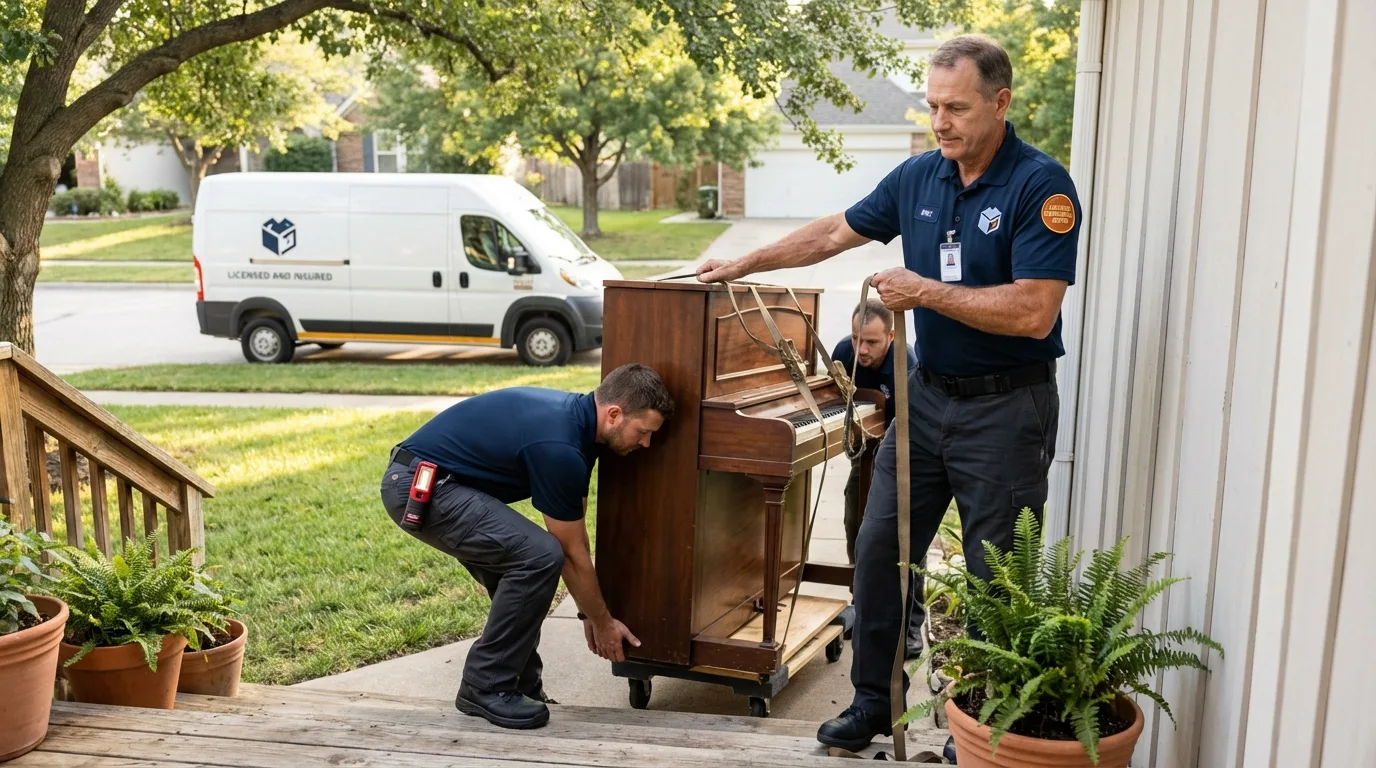 Licensed piano movers securing grand piano in Union City, NJ