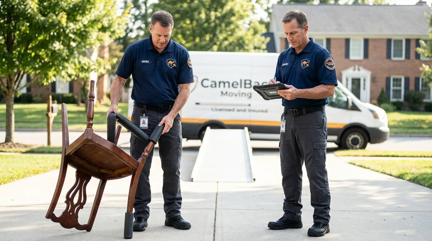 Movers inspecting furniture for damage prevention before loading in Union City, NJ