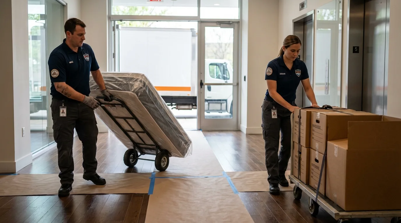 Professional apartment movers loading elevator in Union City, NJ