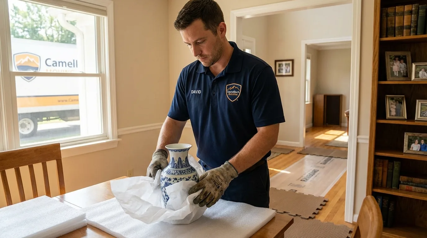 Professional crew carefully wrapping antique vase for senior downsizing move in Union City, NJ